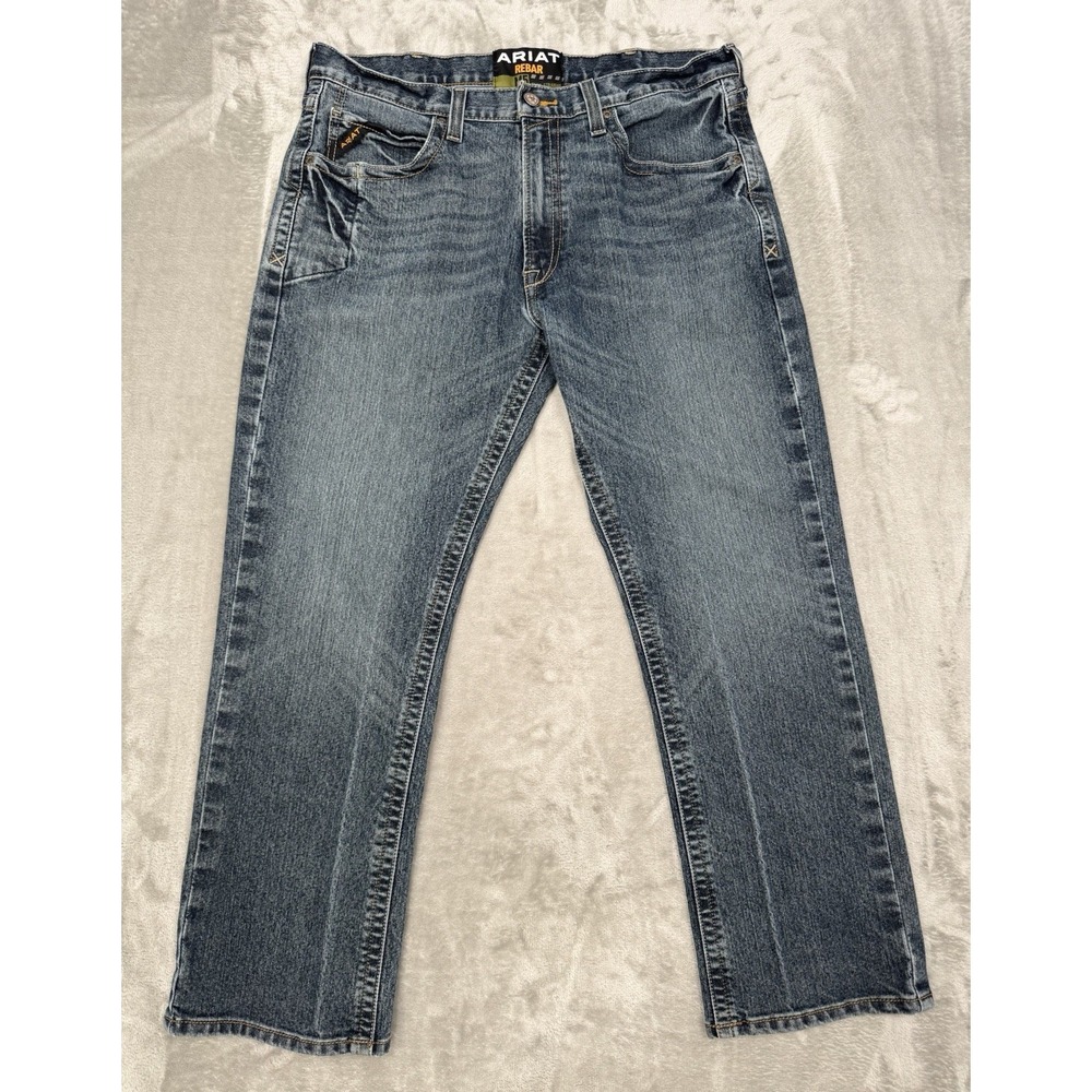 Ariat M5 Rebar Slim Straight Jeans Mens 36x30 Blue Denim Whiskers Western Work